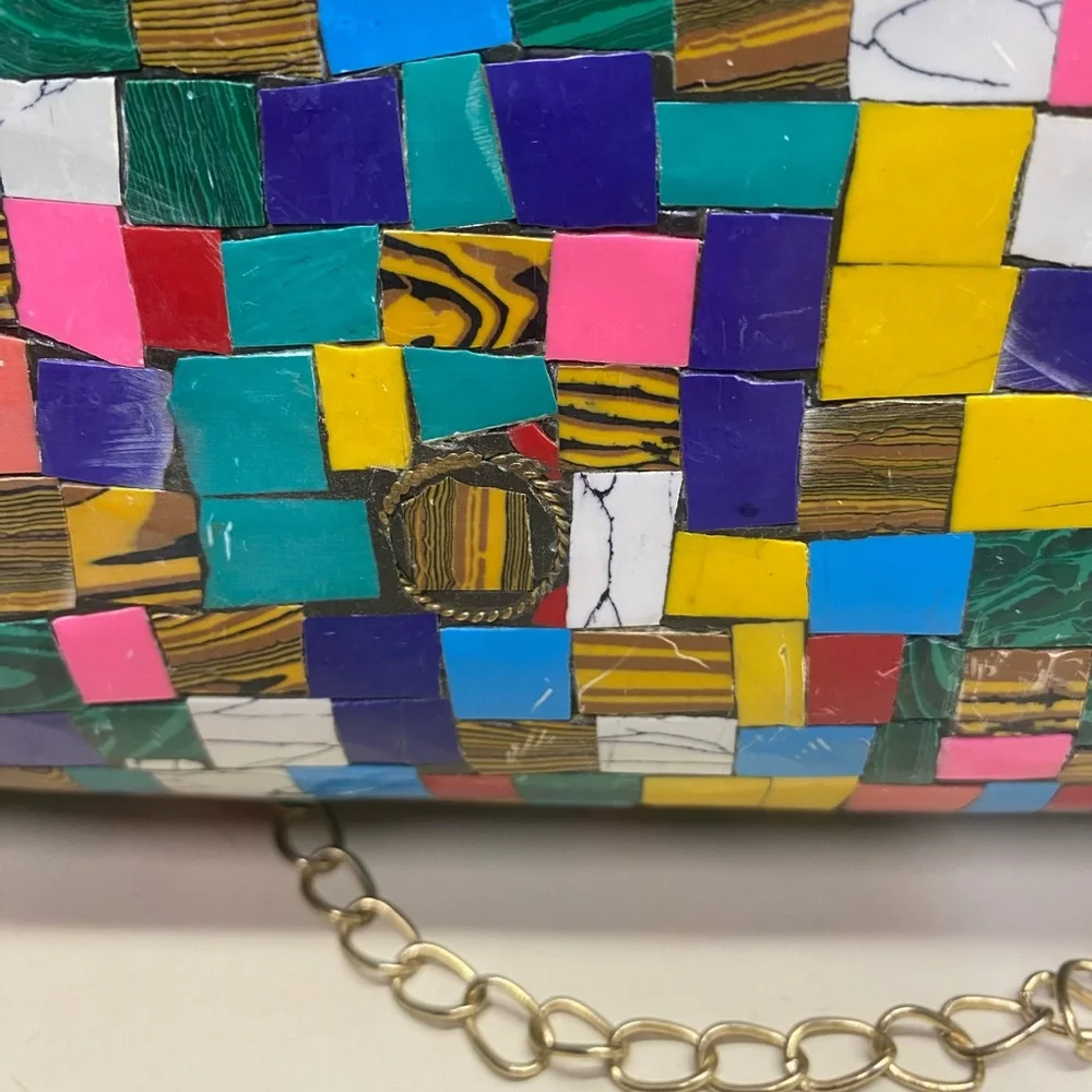 Clutch Crossbody Handcrafted Mosaic Stone Tiles Bag Chain Ornate Metal ANTIQUE - Picture 5 of 15